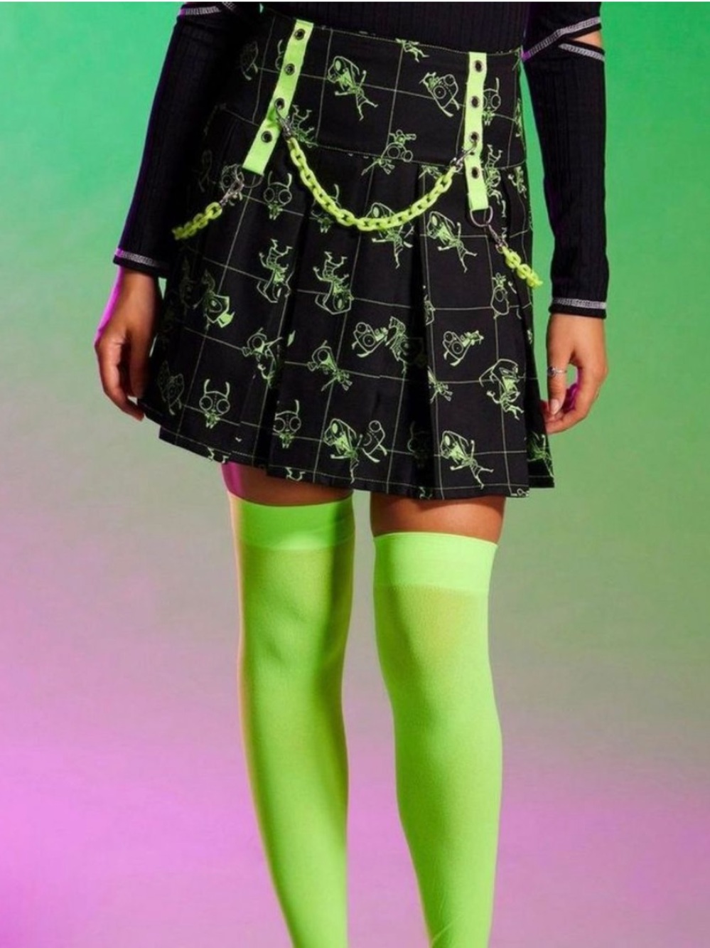 Hot Topic Invader Zim Neon Green Pleated Goth Punk Cosplay Mini Skirt Chains L